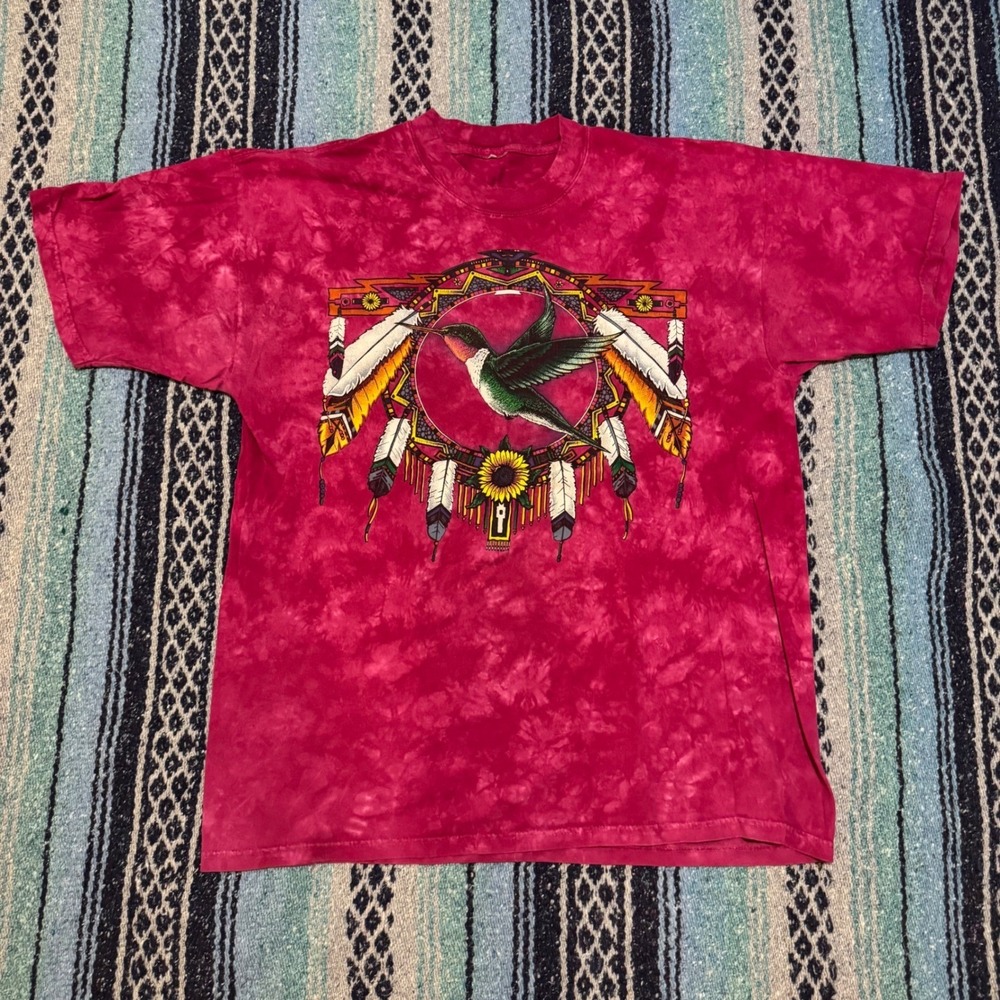 Vintage Style Hummingbird Dreamcatcher Tie Dye T-Shirt Pink Magenta Mens XL